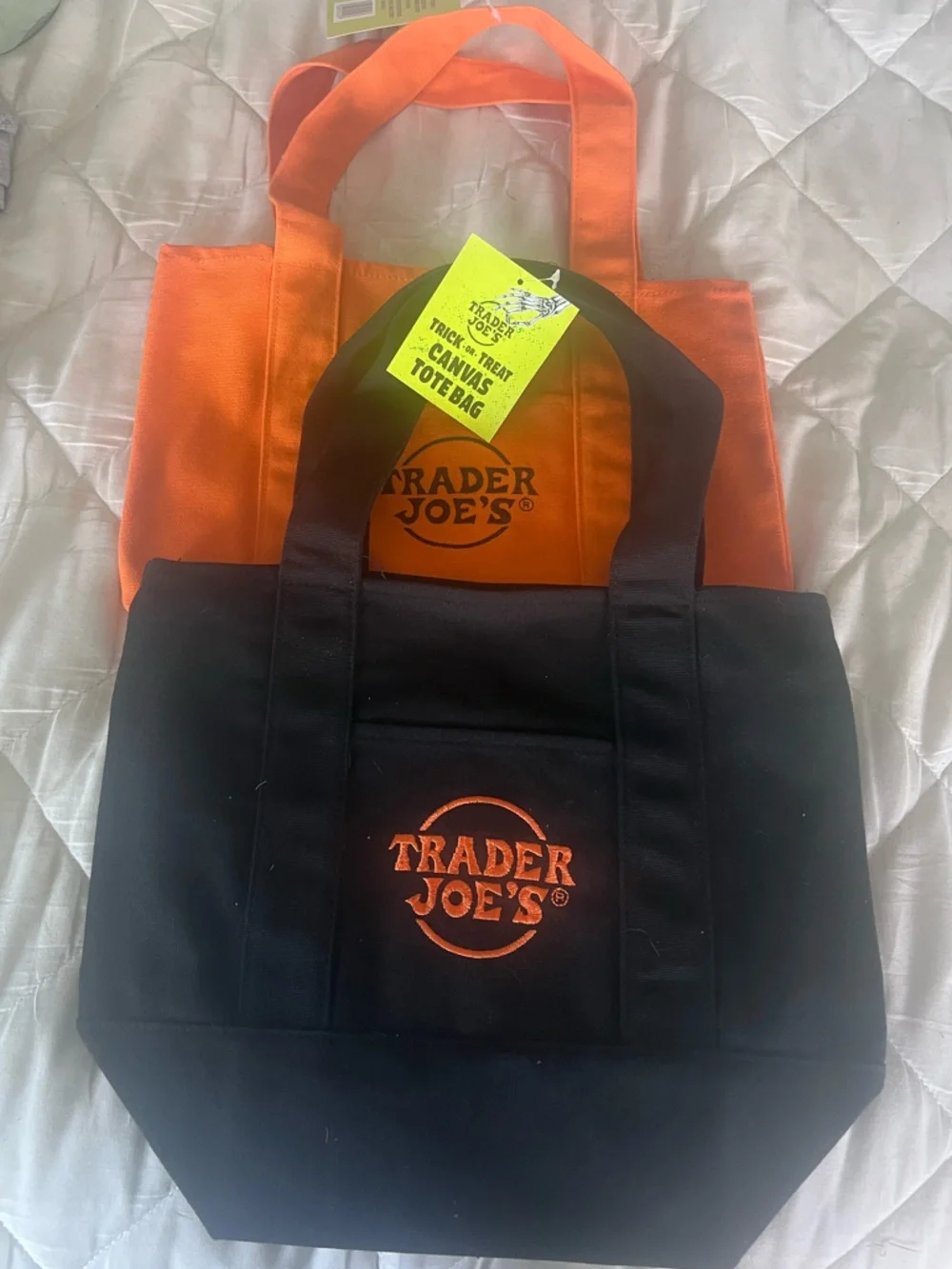 NWT set of 2 Trader Joe's Orange and Black Reusable Grocery Tote Bags. Halloween